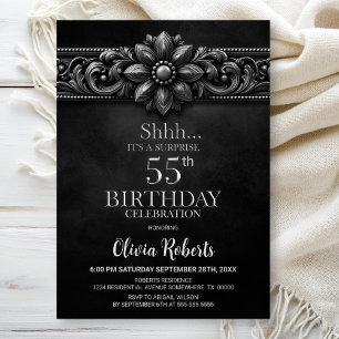 Silver Flower Black Surprise 55th Birthday Party Invitation