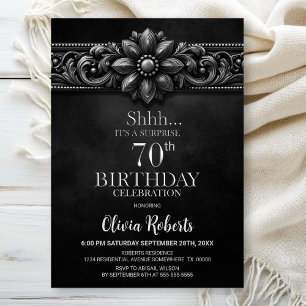 Silver Flower Black Surprise 70th Birthday Party Invitation