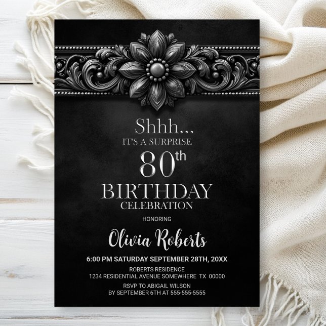 Silver Flower Black Surprise 80th Birthday Party Invitation (Creator Uploaded)