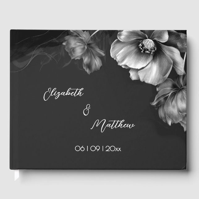 Silver Flower Black | Wedding Guest Book (Front)