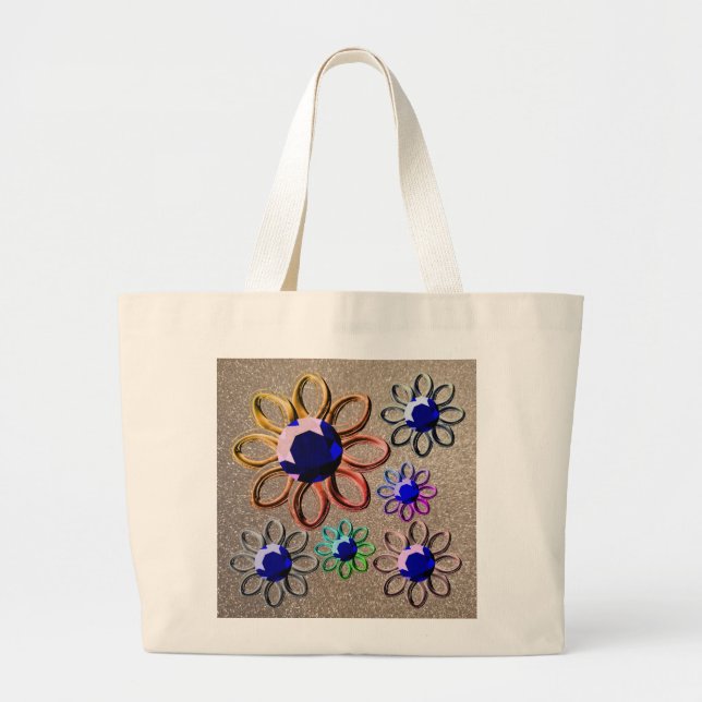 Silver flower on glitter large tote bag (Front)