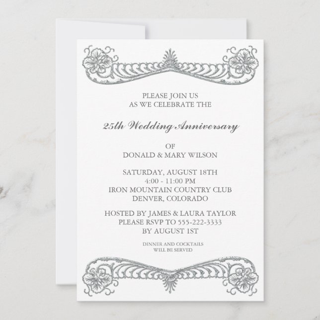 Silver Flower Scroll 25th Silver Anniversary Party Invitation (Front)