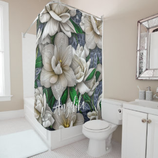 Silver Flowers and Glitters with Personalised Name Shower Curtain