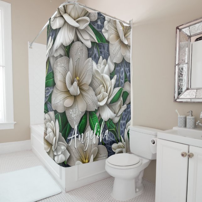 Silver Flowers and Glitters with Personalised Name Shower Curtain (In Situ)