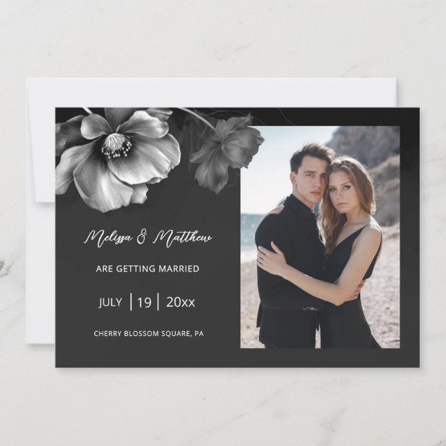 Silver Flowers Black Wedding Save The Date (Front)