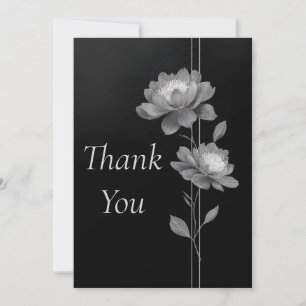 Silver Flowers & Lines on Black Thank You Card