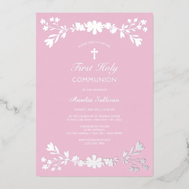 Silver Flowers on Pink First Communion (Front)