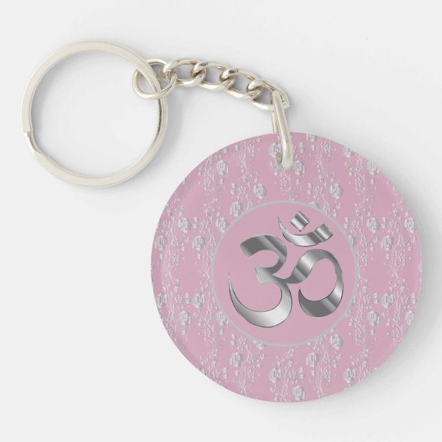 Silver Flowers on Pink OM Symbol Key Ring (Front)