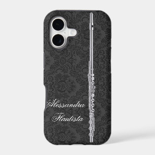 Silver Flute on Black Damask