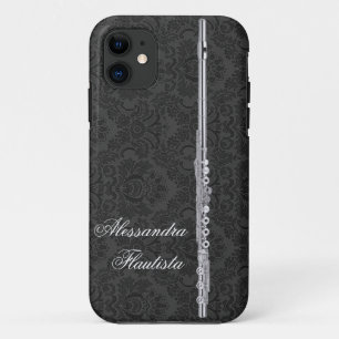 Silver Flute on Black Damask iPhone 11 Case