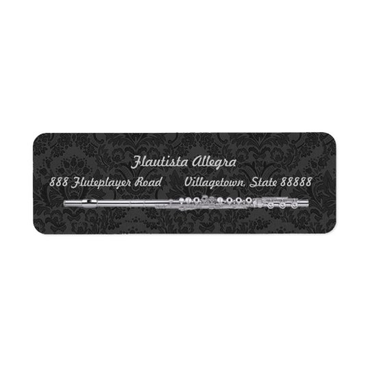 Silver Flute on Black Damask Return Address Label