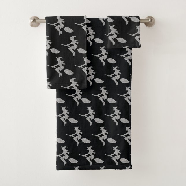 Silver Flying Witch Halloween Bath Towel Set (Insitu)