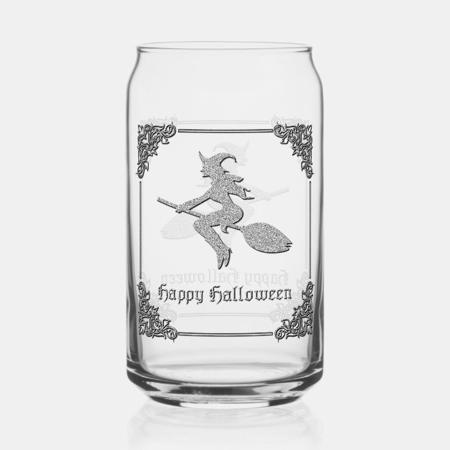 Silver Flying Witch Halloween Can Glass (Front)