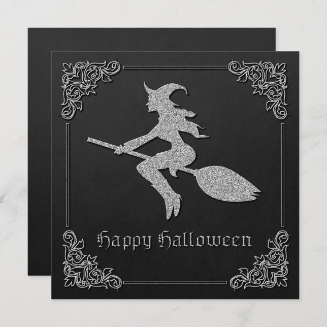 Silver Flying Witch Halloween Greeting Card (Front/Back)