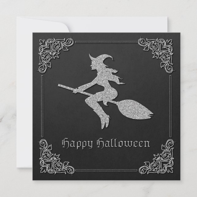 Silver Flying Witch Halloween Invitation (Front)