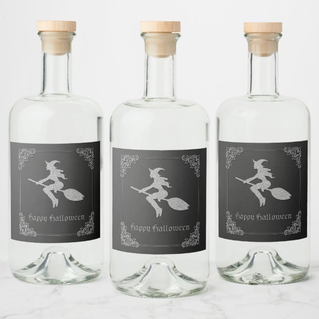 Silver Flying Witch Halloween Liquor Bottle Label (Bottles)