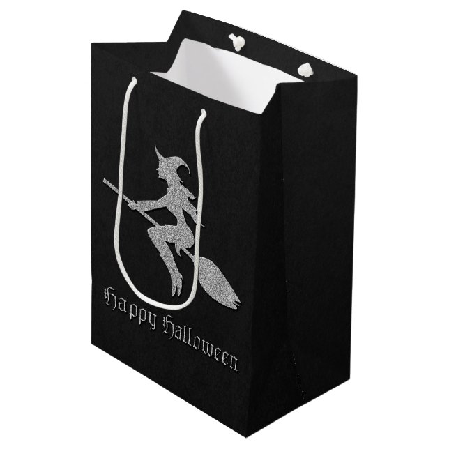 Silver Flying Witch Halloween Medium Gift Bag (Front Angled)