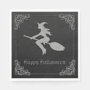 Silver Flying Witch Halloween Napkin