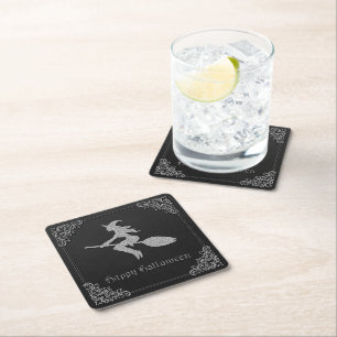 Silver Flying Witch Halloween Square Paper Coaster