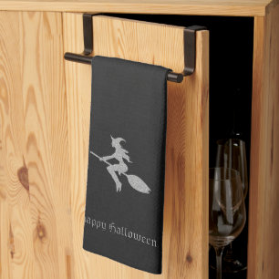 Silver Flying Witch Halloween Tea Towel