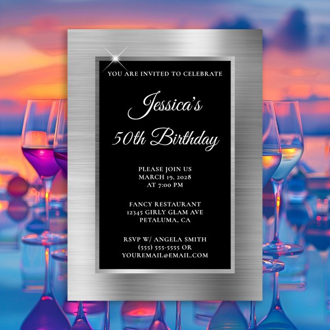 Silver Foil and Black Overlay 50th Birthday Invitation (Silver Foil and Black Overlay 50th Birthday Invitation)