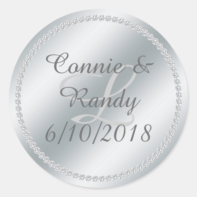 Silver Foil and Diamond Monogram Wedding Sticker (Front)