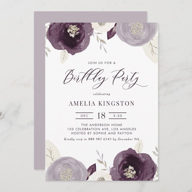 Silver Foil and Purple Flowers Chic Birthday Party Invitation (Front/Back)