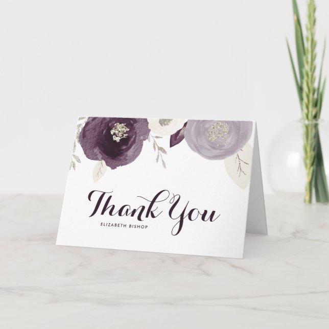 Silver Foil and Purple Flowers Chic Thank You Card (Front)