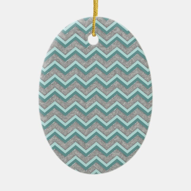 Silver Foil and Teal ZigZag Ceramic Ornament (Front)
