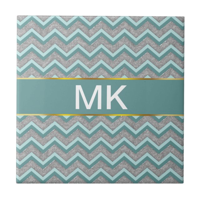 Silver Foil and Teal ZigZag Ceramic Tile (Front)