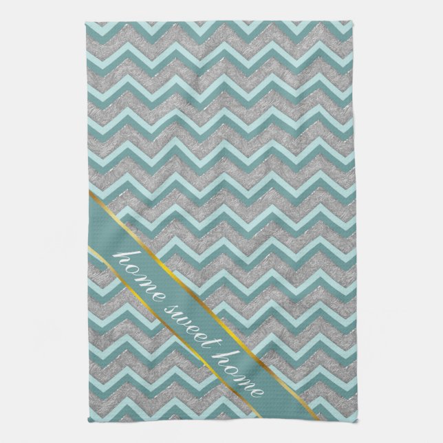 Silver Foil and Teal ZigZag Tea Towel (Vertical)