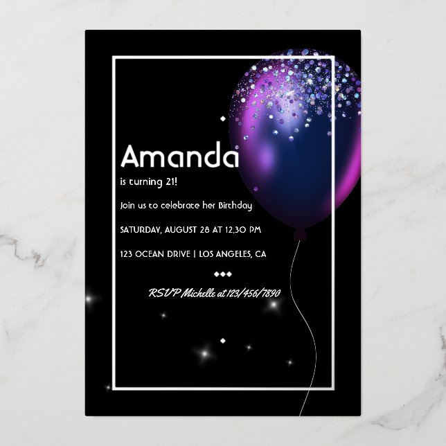 Silver Foil Balloon Birthday Invitation Foil Invit (Front)