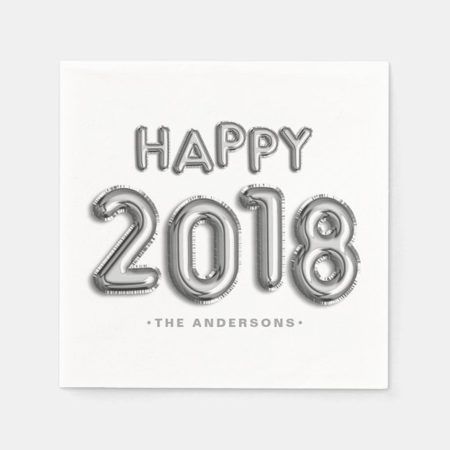 Silver Foil Balloons Happy 2018 | New Year Napkin (Front)