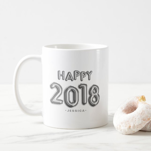 Silver Foil Balloons Happy 2018 Personalised Coffee Mug (With Donut)