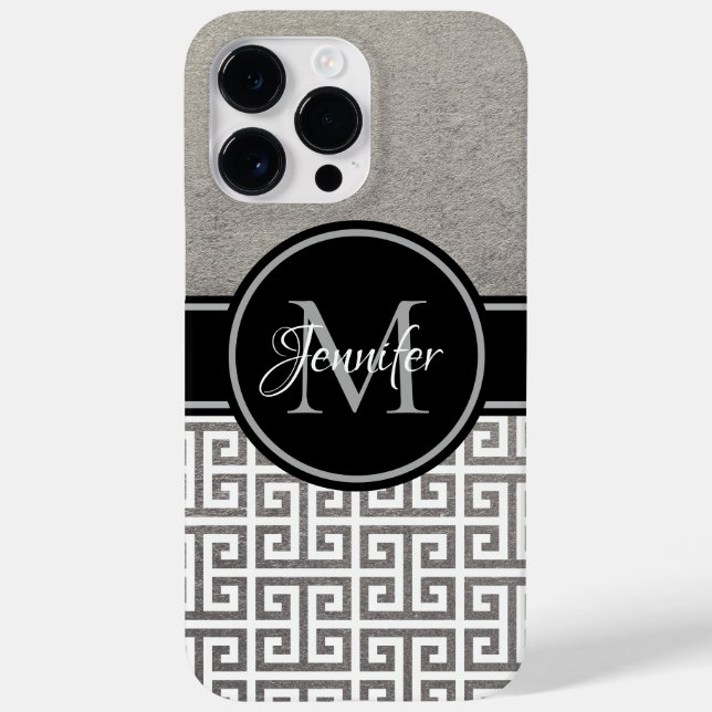 Silver Foil Black and White Greek Key Monogram Case-Mate iPhone Case (Back)