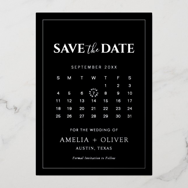 Silver Foil Black Calendar Modern Save The Date (Front)