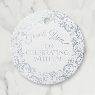 Silver Foil & Blue Lacy Filigree Wedding Thank You Favour Tags