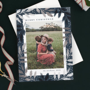 Silver Foil Branches Merry Christmas 3 Photo Holiday Card