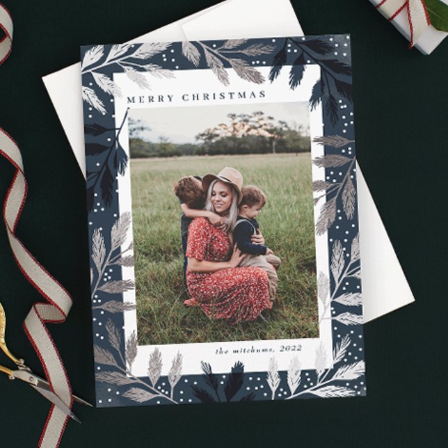 Silver Foil Branches Merry Christmas 3 Photo Holiday Card (Creator Uploaded)