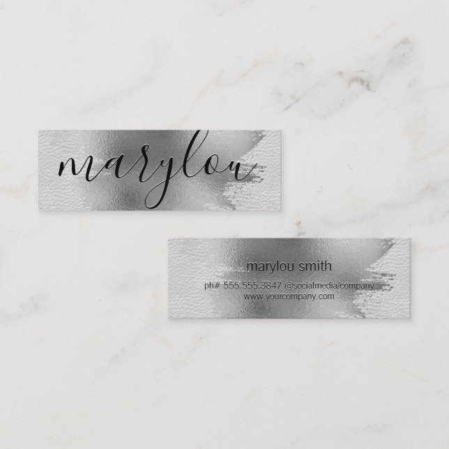 Silver Foil Brushed | White Leather Mini Business Card (Front/Back)