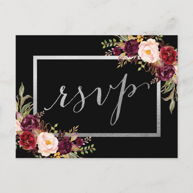 Silver Foil Burgundy Floral Black Wedding RSVP Postcard (Front)
