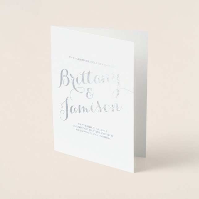 Silver Foil Calligraphy Typography Wedding Program Card (Front)