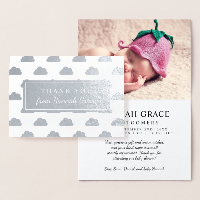 Silver Foil Clouds Baby Shower Photo Thank You Card (Display)