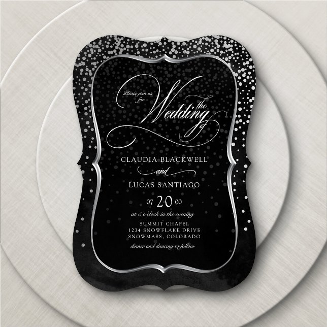 Silver Foil Confetti Black White Wedding Invitation (Creator Uploaded)
