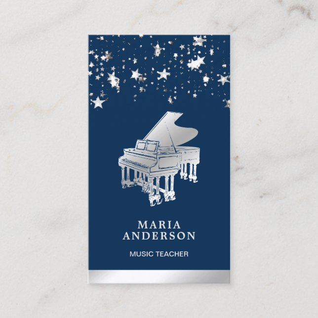 Silver Foil Confetti Grand Piano Musician Pianist Business Card (Front)
