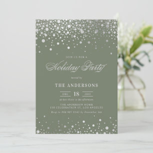 Silver Foil Confetti Taupe Green Holiday Party Invitation