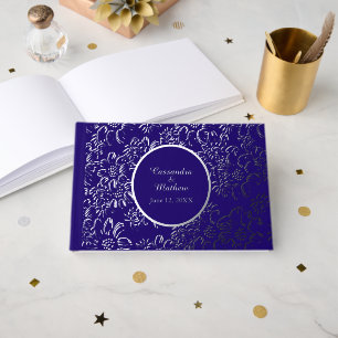 Silver Foil Daisies Floral Royal Blue Wedding Guest Book