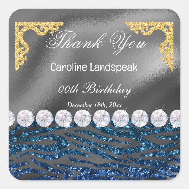 Silver Foil Dark Blue Glitter Zebra Print Birthday Square Sticker (Front)