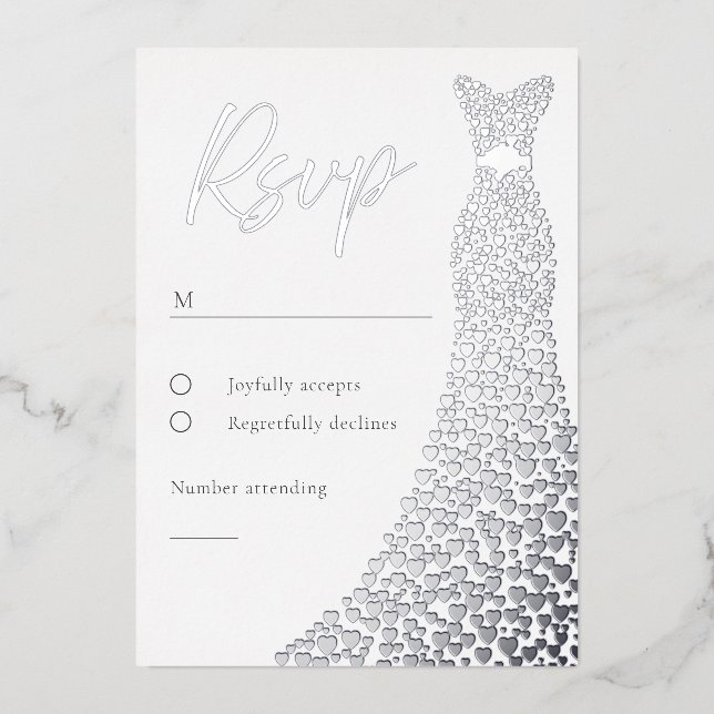 Silver Foil Dress Bridal Or Birthday RSVP Card (Front)