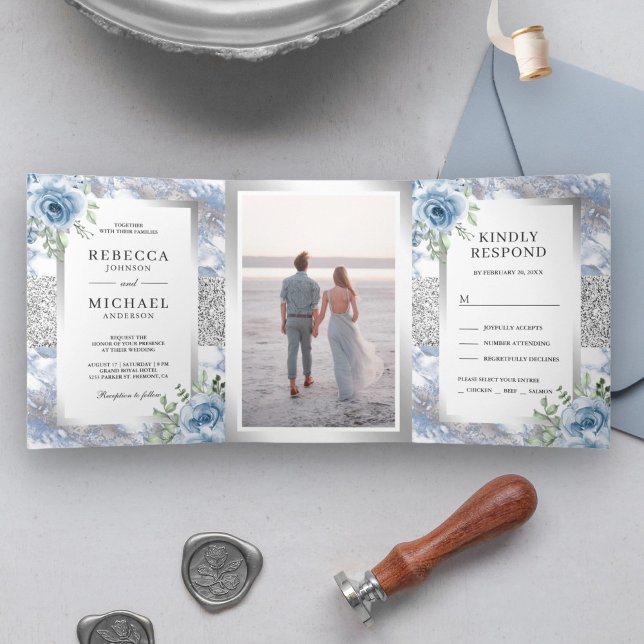 Silver Foil Dusty Blue Floral Marble Photo Wedding Tri-Fold Invitation (Creator Uploaded)